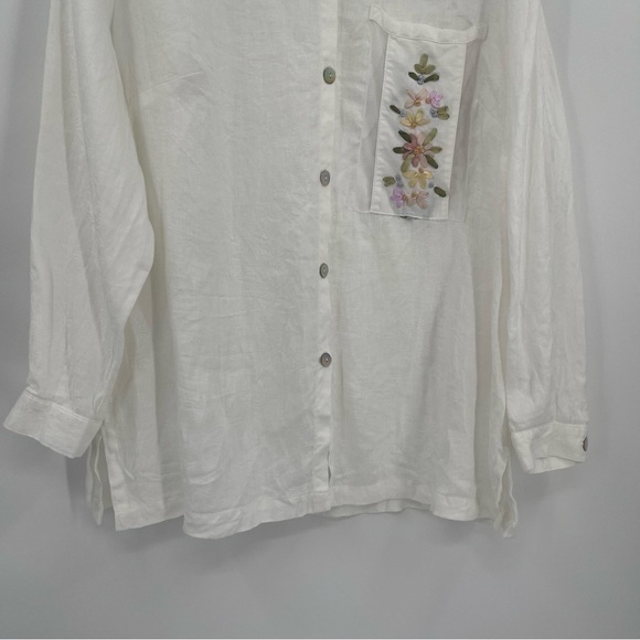 Nino Wong California Womens Size 1X Vintage Linen Button Up Top White Floral - Picture 3 of 10
